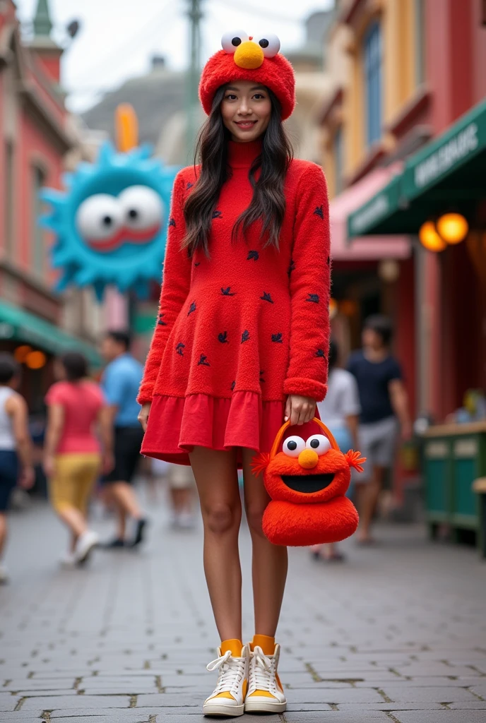 Create a stylish outfit inspired by Elmo from Sesame Street for a visit to Universal Studios Japan. The outfit should include a vibrant red dress or top, capturing Elmo’s cheerful and playful character. Add fun accessories, such as a small Elmo-themed handbag or headband, along with comfortable yet trendy shoes. The overall look should be chic and fashionable, perfect for a day at the theme park with friends.