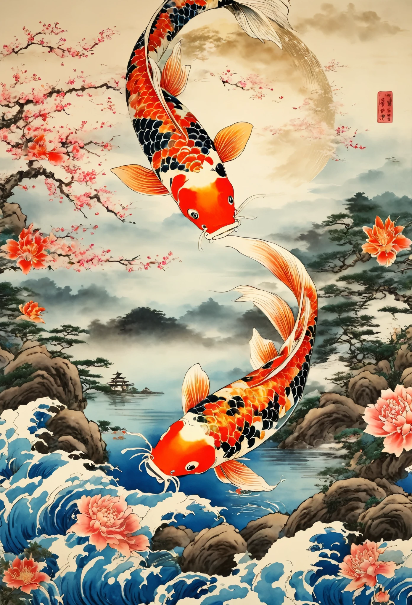 best quality, masterpiece, extremely detailed, traditional japanese painting, two differently colored koi fish, circling each other in the sky, lake below them, crescent moon in the sky, vibrant colors, no chinese characters, no stamp, no logo, no signature