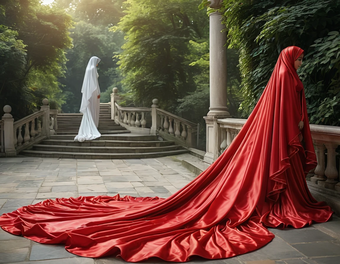 A woman shrouded in a 10-meter-long, plush red satin cloth, tightly bound and grandly draping along the form of her body, flowing off into a pooled floor-length train, styled in a mermaid-inspired outfit, her head modestly veiled in a satin hijab, tall woman, outdoor, a full-body pose conveying a sense of mysterious elegance, captured in a 4k resolution, ultra-realistic