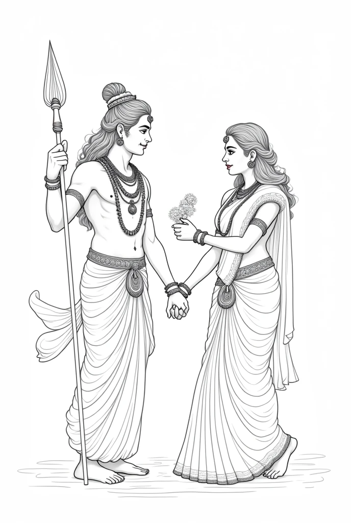 Line art image. Lord murugan son of shiva and valli wedding image.  Muruga havin Vel. Valli havin garlands to muruga. Not soolam