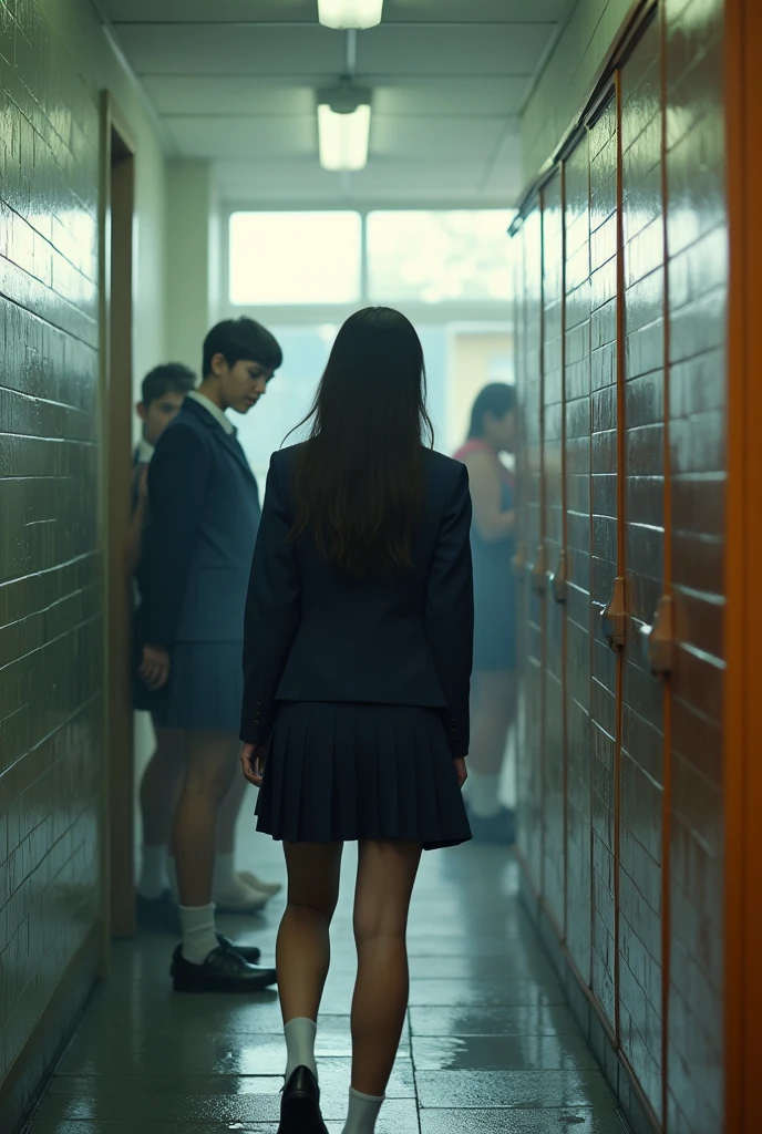girl in Australian highschool uniform getting into shower at school with other students taking off there bras
