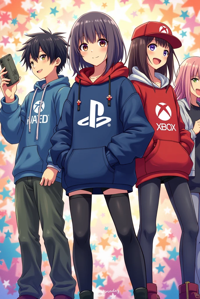 Une fille le logo PlayStation. I'm with a boy who wears the Xbox logo, a girl who wears the Nintendo logo, and a boy friend who wears the Steam logo, manga version.