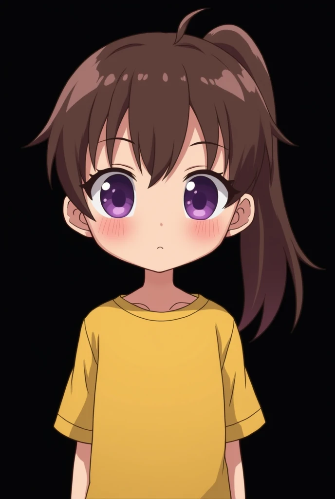 Gamer , black background , Anime girl , brown hair colour , ponytail hair style , yellow T-shirt , purple eyes , empty eye lens , uncaring eye , chibi , blush