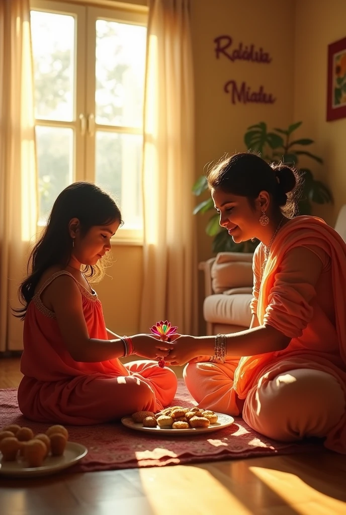An elder sister In the living room where the sun rays are shining Their names are on the wall Radhika Madhu Rakhi is being washed Sister is putting sweets Anna