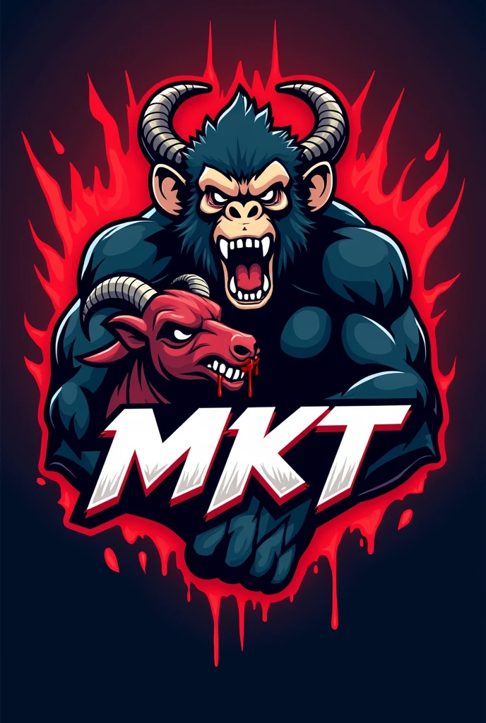 E-sports team logo with monkey holding the head of a bloody goat in the MKT acronym 500x500
