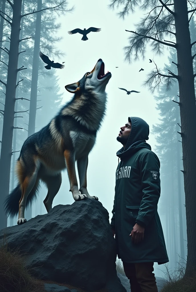 A wolf standing  on the rock barking with whole mouth open Scaring and looking in the eye of Manof man also standing on rock looking towards the sky ,the man wearing  Mask looking downward and hide face with  Coat cap that come from head, 
at shirt name is Shan with white color background is forest with long trees and blue sky,  make more realistic and some black birds fly in the background make more real 