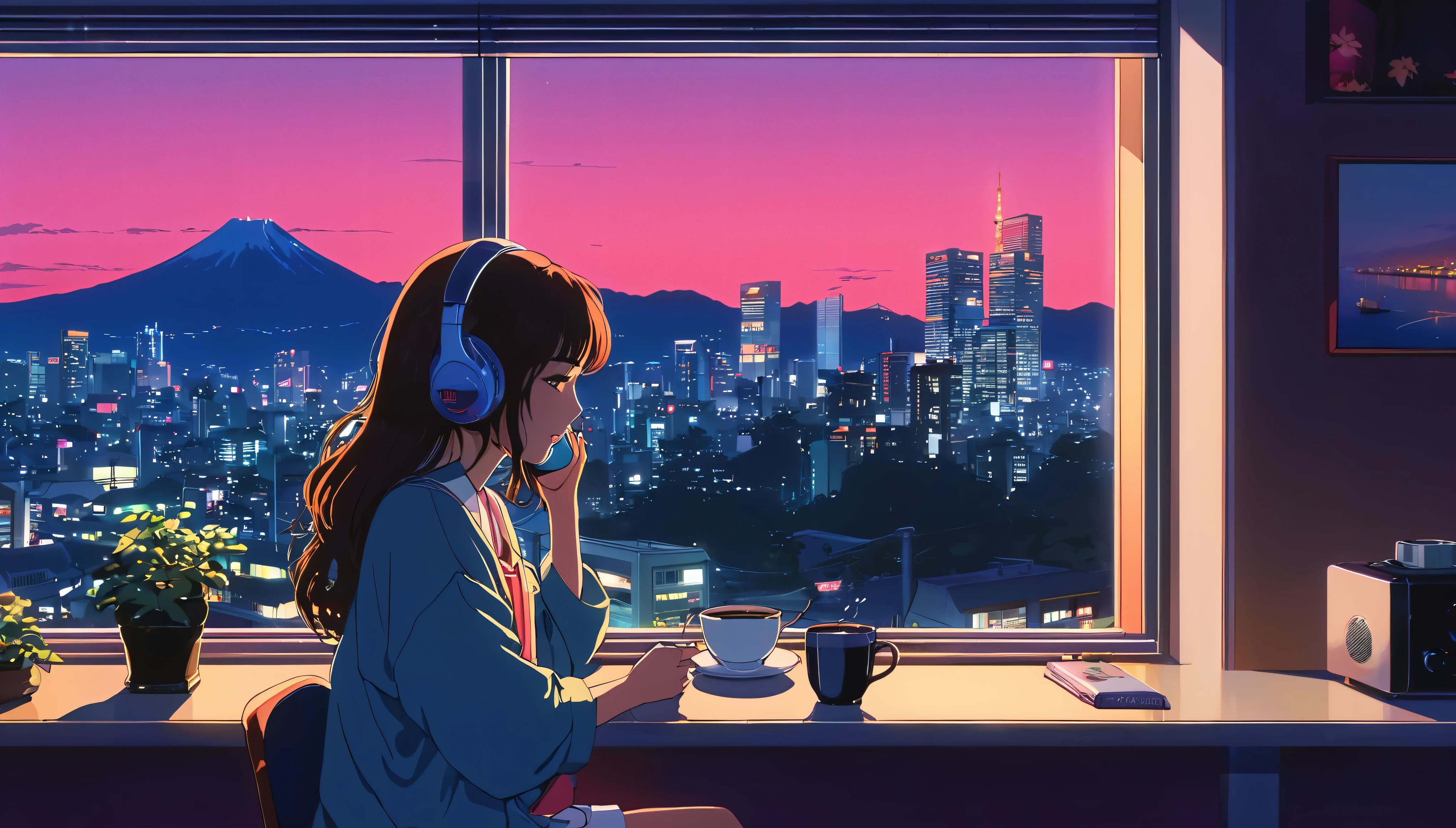80's、city pop、Japanese anime、A girl is listening to music on headphones with a cup of coffee by the window、The room is stylish、It's night outside、Tokyo night view、Images that match lofi music
