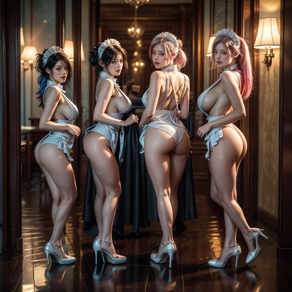 (Full Body of Extremely Detailed((Sexy Maid Group in a row:1.37))), KAWAII perfect face, Reflective Eyes, Detailed(Delicate Clothing textures), Correct Bewitching Leg Line, Dynamic Joyful Expressions LifeLike Rendering, Specular Reflection, TopQuality 8K Ultra-detailed masterpiece (ProfessionalPhoto:1.37), (Acutance:0.8), (Luminism:1.28), Renaissance art style, Colorful Light particles, ((Full body from side)), {MicroMini Skirt|Kissing Face to Face|Thigh Gap|Cute Peach AssFocus|(NakedApron with (Overflowing Sideboob))}, Radiant Fine Skin with Transparency, {Pink Hair|LightBlue Hair|Platinum Blonde|Pure White Hair|Liquid Hair|Red HighHeels}, Perfect Lighting
