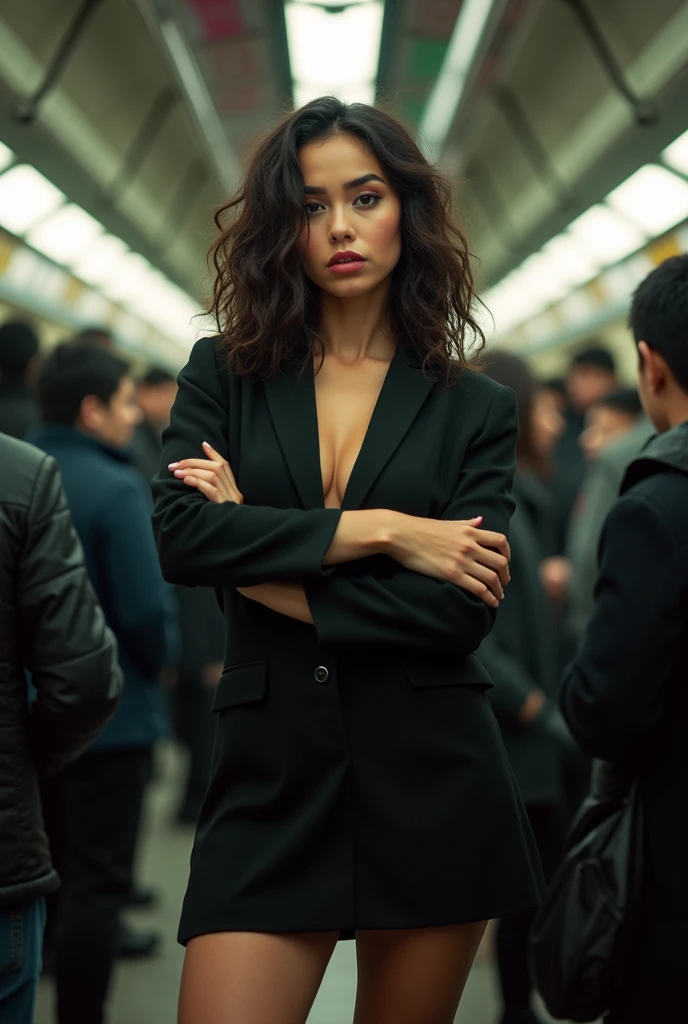 26 year old beautiful busty asian woman,Highest vulgarity image quality、realistic、16K、vulgarity makeup　face、cute、curly hair、muscular,Standing、OL in the subway、black mini skirt suit、whole body、Annoyed、panoramic、show me your long legs、Photographed quite far away、whole body姿、arms folded、Full body、