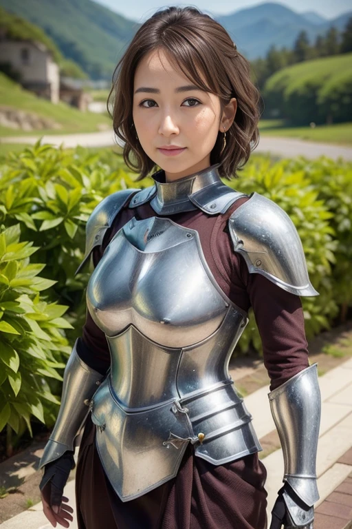 (masterpiece, Highest quality:1.4), (Are standing:1.4), (Dynamic pose:1), One person, bark_Berserk, short hair, (Dark Skin, Dark skinned women:1.2), Brown Hair, Brown eyes, nature, Cinematic Light, Silver Armor, (Full Armor, Knight's costume:1.4), Large Breasts, Cleavage, mini skirt, Mountains and green fields after rain, Beautiful smile, Beautiful Face, Highly detailed face, Highly detailed eyes, Highly detailed skin, Skin pores, Scattered beneath the surface, Realistic pupils, Blush all over face, Fuller lips, Detailed Background, Depth of written boundary, Volumetric lighting, Sharp focus, Absurd, Realistic proportions, Excellent anatomy, (Realistic, hyperRealistic:1.4), 16k hdr,
