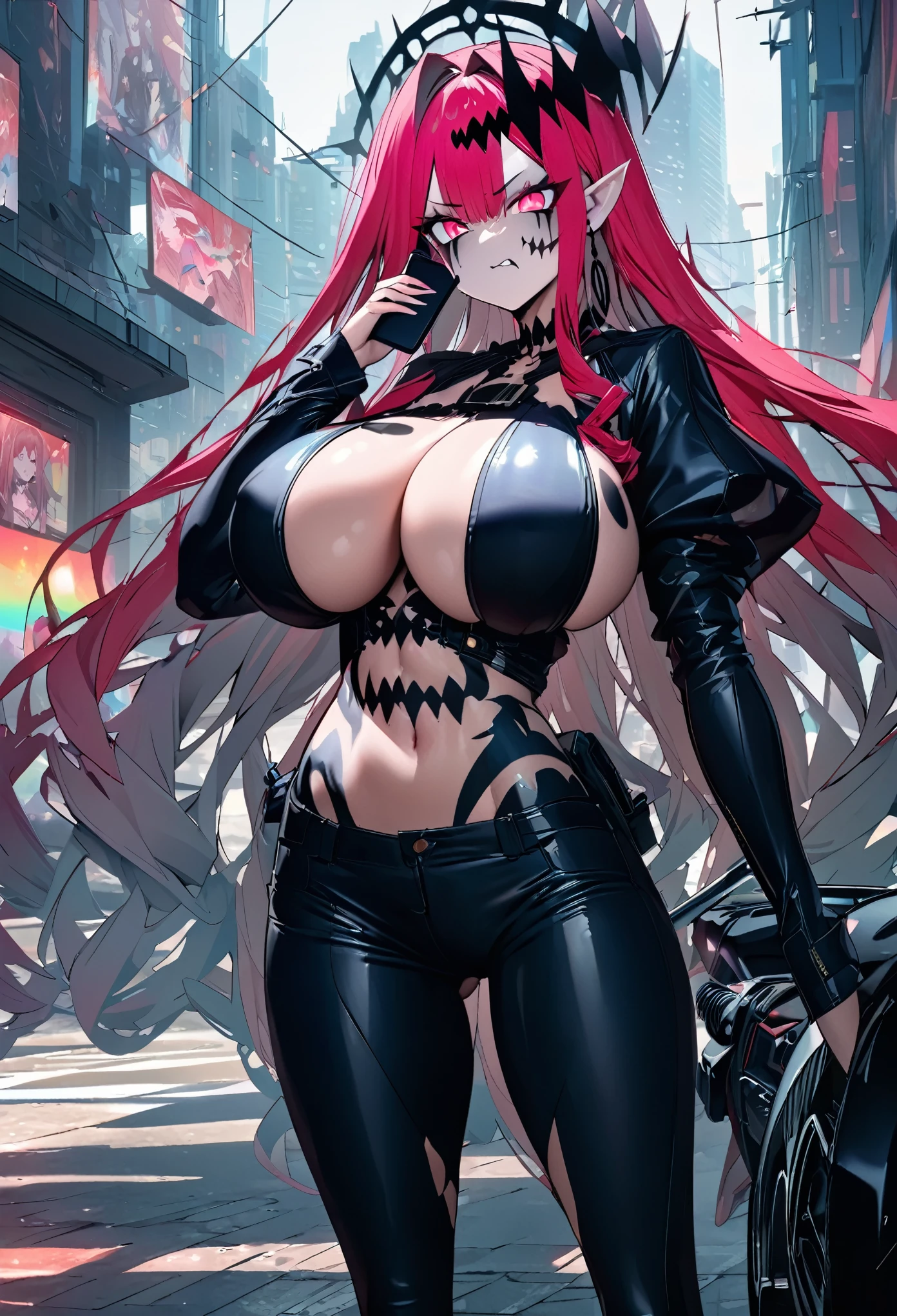 Outrageous resolution,masterpiece++,top-quality++,ultra-definition++,ultra-definition++,4K++,8K++,Anime character girl, 2D, high resolution, extremely detailed, Highest quality, highest image quality, HD, perfect face, beautiful face, Baobhan_sith( fate grand order ),(best quality,4K,highres,huge breasts:1.6, tall:1.3), 1 girl, solo, detailed face, long eyelashes, mascara, red long hair, bright pink hair, pointed ears, vampire girl, big breasts, big ass, sexy body, body curve, slender body, full height, bright skin, red eyes, pink eyes, distinct_image, highly detailed, semi realistic , red pupils,wear crop top black leather jacket, black jeans, high-heeled black boots,black jeans tightening ass, in sci fi city, futuristic city background, afternoon, footpath, backview, rear view, backside, holding a mobile phone by hand, Bow head slightly, look at mobile phone, aggressive eye, angry eye, standing next to black motorcycle, black motorcycle parked, standing side motorcycle,detailed contemporary art,contemporary art Style,beautiful modern gothic pattern wall, whole body, colorful gothic pattern, body paint,colorful gothic pattern body paint