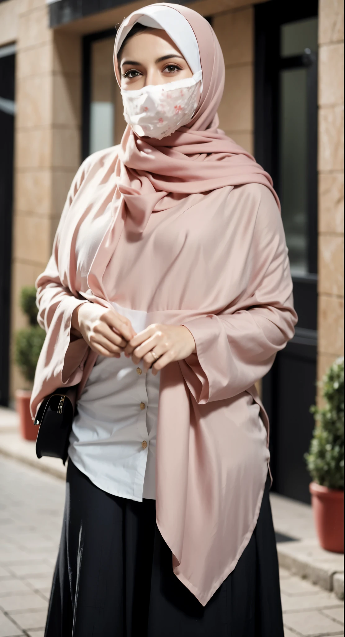 An ultra realistic, high resolution portrait of a beautiful Muslim woman wearing white and red hijab with stunning scenery in the background of Paris, France, posing for the camera. The color theme is white and red, It must have high details and sharp focus.