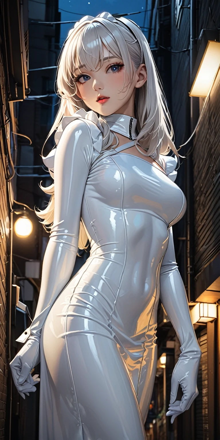 (cowboy shot, from front, a woman kneeling on a street, rain:1.2, dark clouds:1.2), beautiful eyes, beautiful girl, high detail skin, high detail eyes, high detail hair, highres, ultra detailed, sharpen picture, Highly detailed, masterpiece, best quality, photorealistic,
<lora:Baek-DoblackLoRA:0.8> 1girl, white short hair, bangs, butterfly hair ornament, ponytail, skin tight, flower pattern, latex bodysuit, black white stola wide sleeves, shoulder free, flower, hairpin, fingerless elbow gloves, jacket:1.2