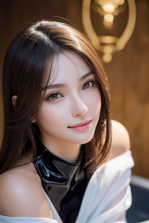 Latex bodysuit、Knee-high boots、Huge 、Long brown hair、Shiny, Oily skin、Glowing Skin、Indoor competition pool、White skin、The beauty of kimono, Body Portrait, 8k, Narrow and beautiful eyes, Dindal effect, masterpiece, 最high quality, high quality, High resolution, Very detailed photos, (Natural skin texture, Fine skin, Hyperrealism, Ultra Sharpness) , Skin with attention to detail, (Very fine, Fine skin texture, Intricate details, Beautiful Face, (Lifelike face), Realistic eyes, Beautiful and detailed eyes, Realistic Skin, Beautiful Skin, surreal, Very detailed, Golden Ratio, Smiling Eyes, ((Night moonlight background)), Body Portrait,  glamorous, Shiny Bodysuit