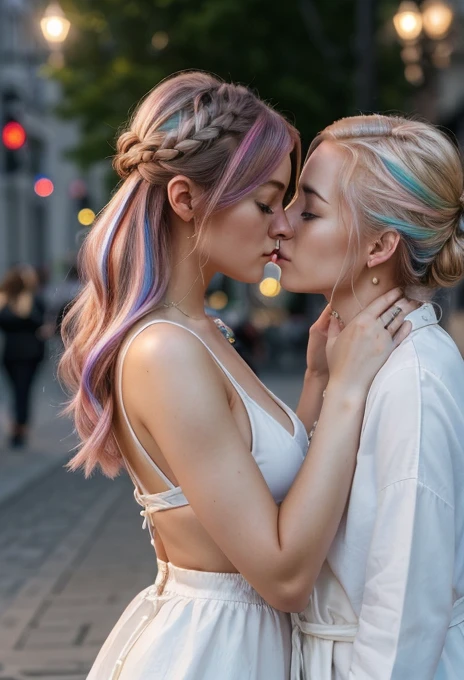 (Highest quality、4K、8k、High resolution、masterpiece:1.2)、Very detailed、(Genuine、Realistic、Realistic:1.3)、Two Nordic women、Stylish lighting、Kissing on a street corner、(hairstyle:random)、(haircolor:random)フィンランド人、ノルウェー人、スゥエーデン人