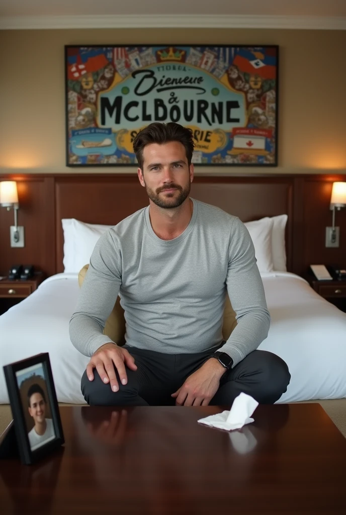Homme caucasien grand de taille, charmant, un peu costaud, habillé en pantalon et tee-shirt manche longue, assis ou adossé sur une table dans une grande chambre d'hôtel, sur la table qu'il y ait également un papier mouchoir déjà utilisé sur la table et sur le lit de l'hôtel qu'il soit déposer un cadre photo grand ou moyen qu'il est possible de faire arrêter sur le lit et faire face à la caméra et sur le mur du chevet du lit un tableau sur lequel il est écrit en français : Bienvenue à Melbourne AUSTRALIE et autour de la phrase qu'il y ait les emblèmes du Canada Québec ou le drapeau du Canada Québec
