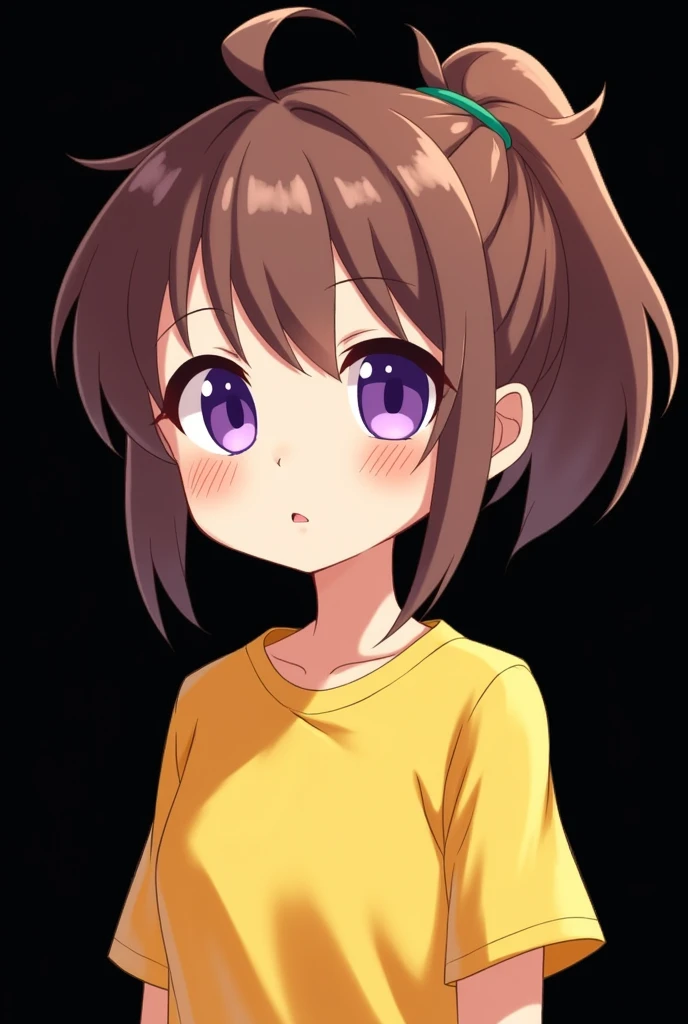 Gamer , black background , Anime girl , brown hair colour , ponytail hair style , yellow T-shirt , purple eyes , empty eye lens , uncaring eye , chibi , blush , serious expression
