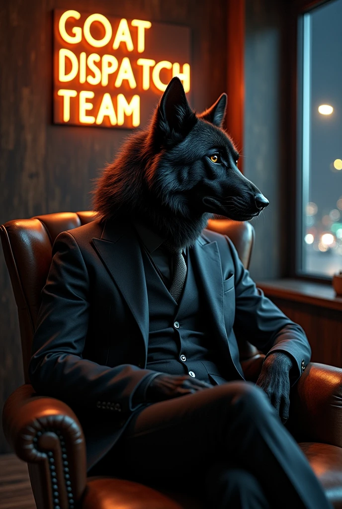 black angry wolf looking to the right side of the window with suit sitting on the chair in the office under the letter of "GOAT DISPATCH TEAM"