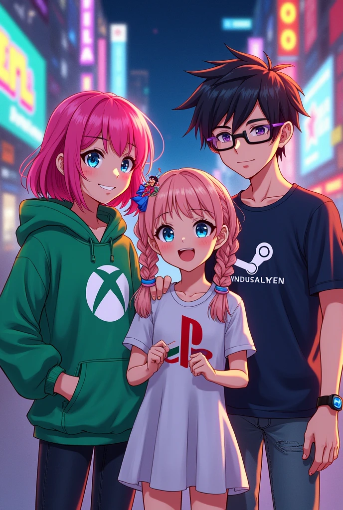 Une fille le logo PlayStation. I'm with a boy who wears the Xbox logo, a girl who wears the Nintendo logo, and a boy friend who wears the Steam logo, manga version.