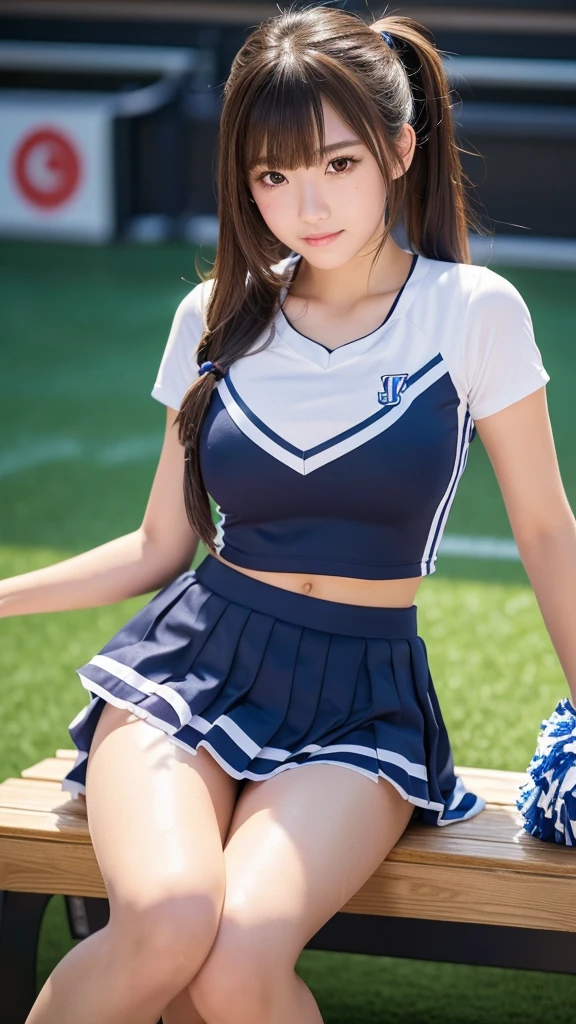 Product quality,1 girl,Cheerleader,Cowboy Shot,Young and cute Japanese,20-year-old,((Stadium bench background:1.2)),A small smile,cheer leading,break,Sit on a bench,Complete off-shot,Cheerleaderuniform,Ultra Short Short Pleated Mini Skirt,Very cute face,Baby Face,Glossy Lips,(Beautiful big eyes),Gray Eyes,Double eyelids on both eyes,(Natural Makeup),shiny smooth light brown long hair,,Asymmetrical bangs,Floating Hair NovaFrog Style,Center image,8k resolution,Attention to detail,Detailed hairstyle,Detailed face,Cinema Lighting,Octane Rendering,Ultra-realistic,(Glowing Skin, Sweaty:1.3)Perfect limbs,Beautiful legs,Voluptuous thighs,Huge breasts,(Expresses the roundness and softness of the chest area..........1),Perfect ???????, Spread your legs,Skirt flip,Covering the crotch with a pom-pom.,((Bold sexy pose:1.5))