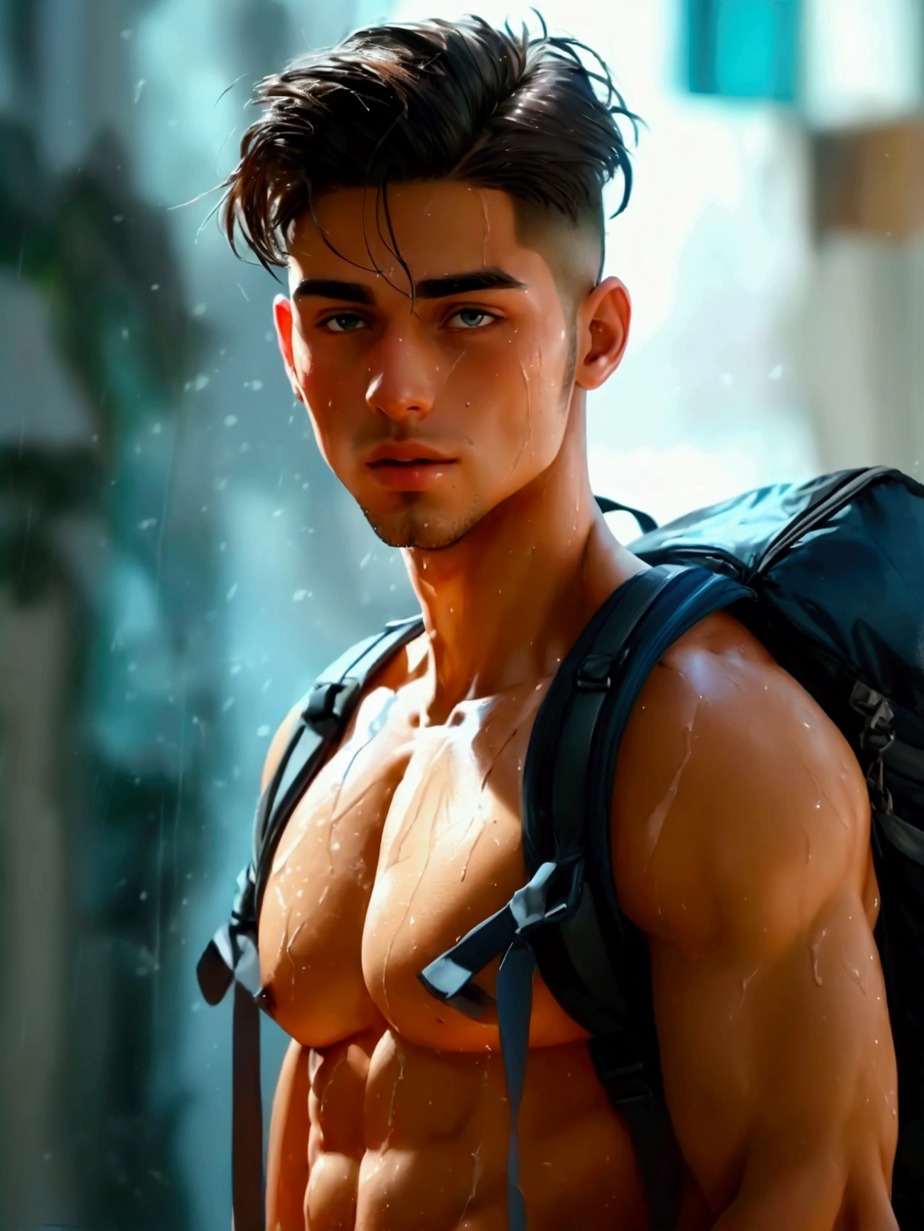 beautifull young stud, 28 years old, wearing wet (thong), (massive bulge), hiking, body hair, sweat, backpack, intricate, perfect body, art, masterpiece, youthfull face, full of energy, athletic, buzzcut, hairy chest, full body picture