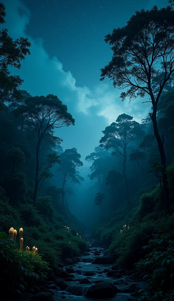 An overhead view of a dense jungle at night on a moonless night, captured from directly above as if by a drone. The jungle below is cloaked in deep, impenetrable darkness, with only the faint outlines of the treetops visible against the night sky. The absence of moonlight adds to the sense of mystery, as the sounds of the jungle — the chirping of insects, the distant howls of animals, and the rustling of leaves — become the