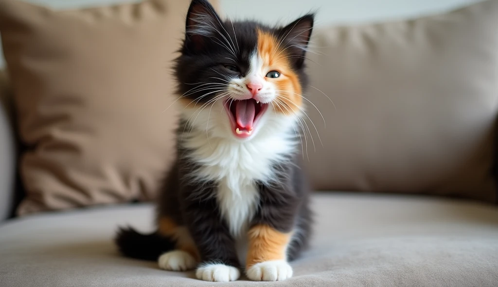 tem uma gata filhote sentada no sofá com a gaping mouth, she has a cute face e expressivo, feliz com a gaping mouth, mocking the camera, painfully adorable, umthe kitten is smiling, she has a cute face, tongue sticking out, gaping mouth , fluffy needs your help, the kitten is smiling, very excited, with pointy ears, the kitten has three colors, blackw, amarelo e branco