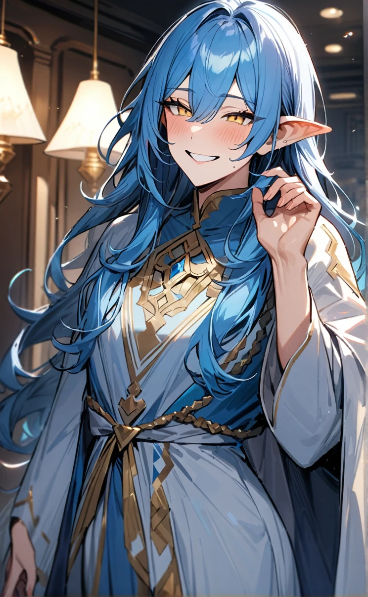 (masterpiece),(Highest quality), (Detailed),One Man:1.3,(Blue Hair Color),Long hair down to the waist:1.2,gold eye:1.2,Sharp short ears:1.2,(smile),thirties man:1.1,A man winking:1.2,handsome man:1.2,light blue wizard robe:1.1