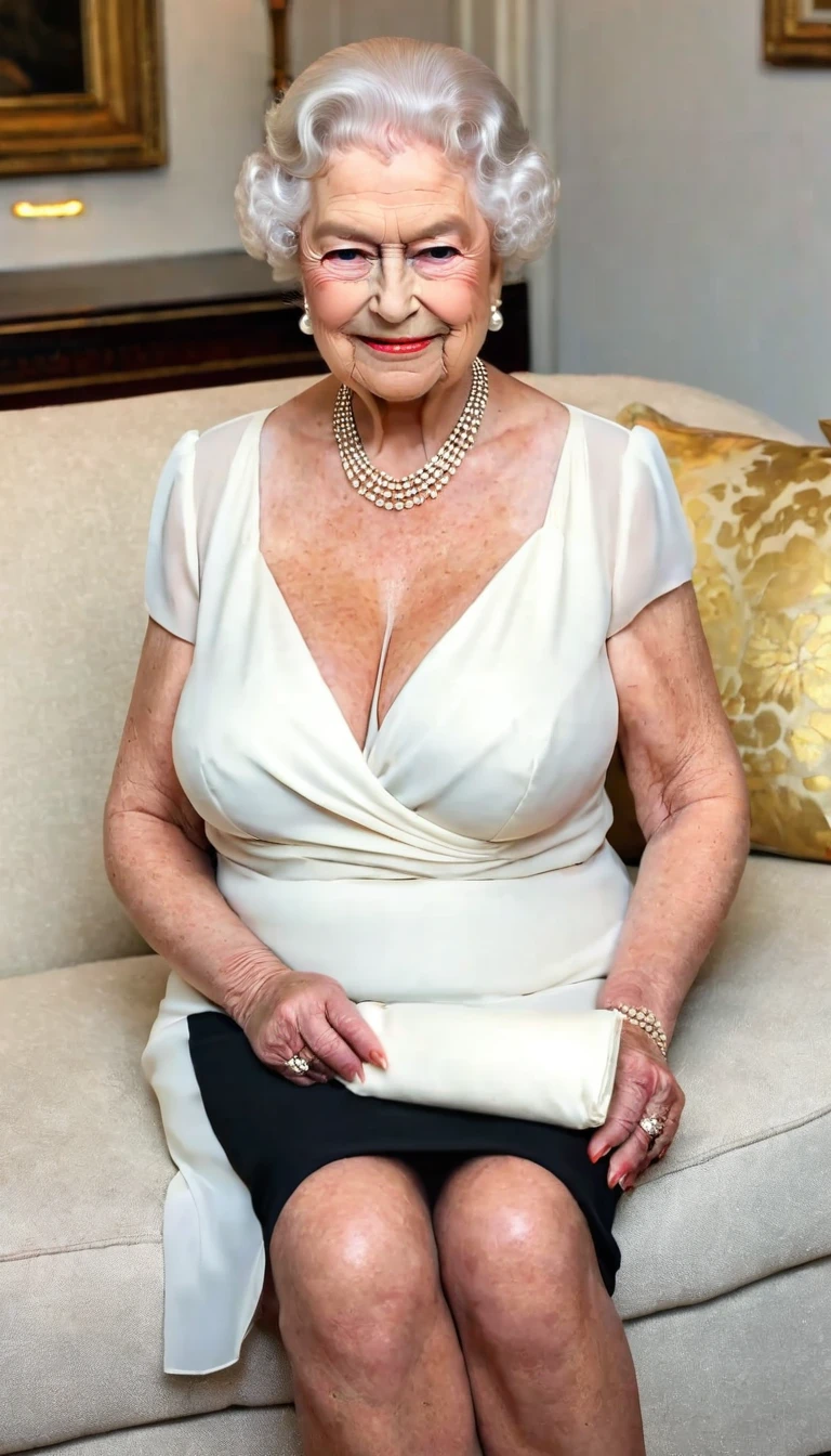 (gorgeous queen elizabeth 80yo ), (huge saggy breast:1.6) (she's squeezing her breast:1.5), (dressed for a party with elegant white chiffon shirt:1.4), (black skirt), (sitting on sofa), lipsticks