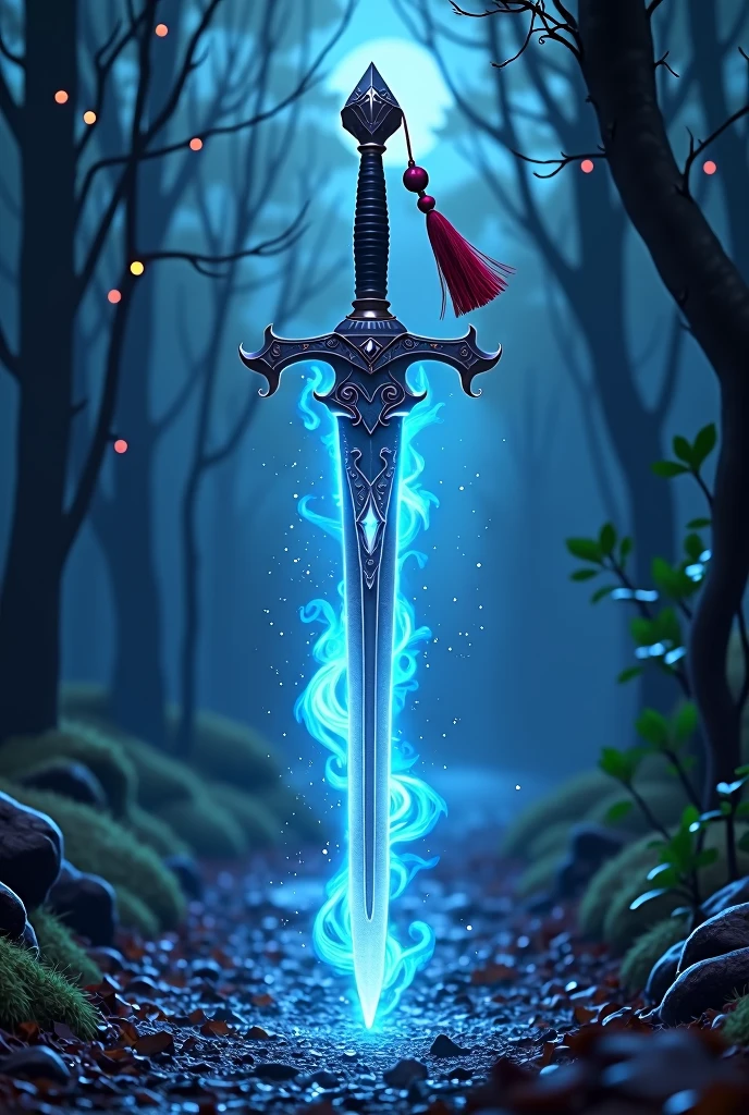 ((((magic sword with ((red tassel on the tip of handle)))))), blue aura on blade, 4k, 8k, HD, high definition, magic, mana, black handle, short handle