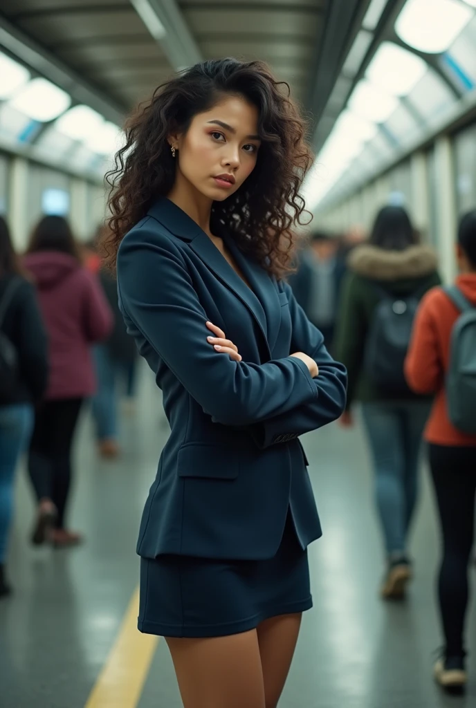 26 year old beautiful busty asian woman,Highest vulgarity image quality、realistic、16K、vulgarity makeup face、cute、curly hair、muscular,Standing、OL in the subway、navy mini skirt suit、whole body、Annoyed、panoramic、show me your long legs、Photographed quite far away、whole body姿、arms folded、Full body、