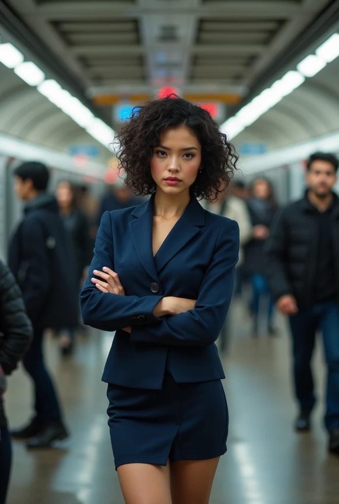 26 year old beautiful busty asian woman,Highest vulgarity image quality、realistic、16K、vulgarity makeup face、cute、curly hair、muscular,Standing、OL in the subway、navy mini skirt suit、whole body、Annoyed、panoramic、show me your long legs、Photographed quite far away、whole body姿、arms folded、Full body、