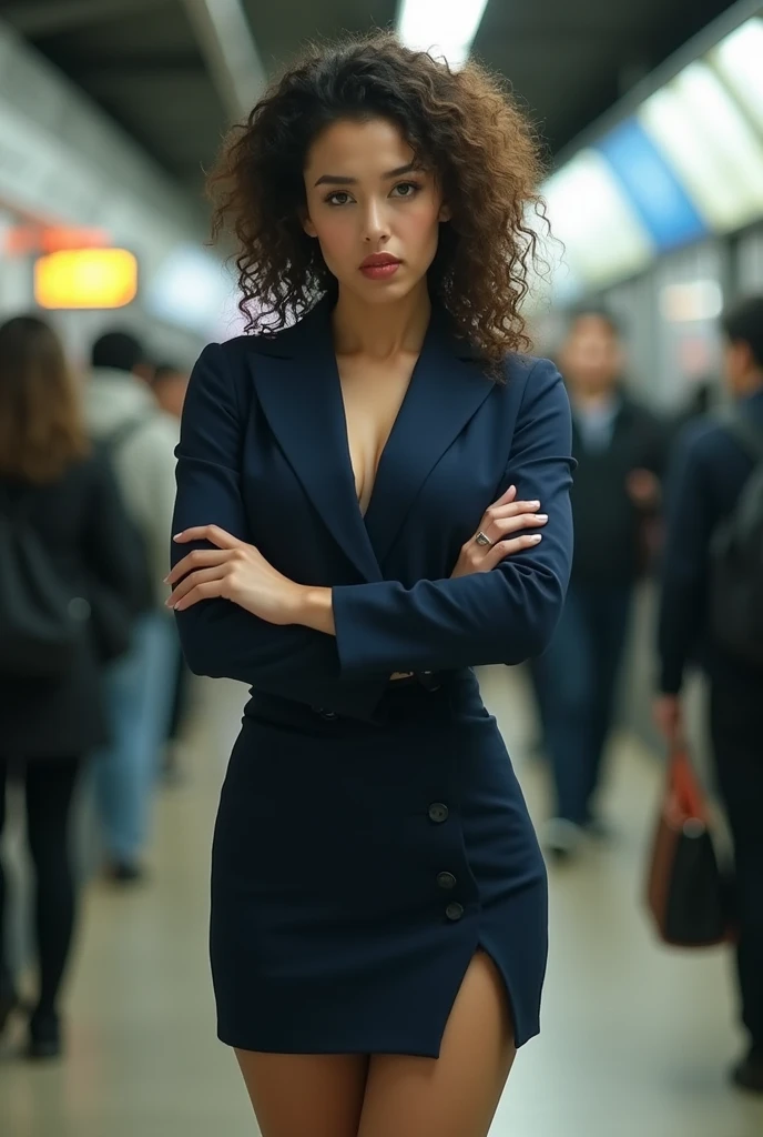 26 year old beautiful busty asian woman,Highest vulgarity image quality、realistic、16K、vulgarity makeup　face、cute、curly hair、muscular,Standing、OL in the subway、navy mini skirt suit、whole body、Annoyed、panoramic、show me your long legs、Photographed quite far away、whole body姿、arms folded、Full body、