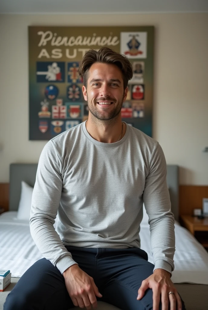 Homme caucasien grand de taille, charmant, un peu costaud, habillé en pantalon et tee-shirt manche longue, assis ou adossé sur une table dans une grande chambre d'hôtel, sur la table qu'il y ait également un papier mouchoir déjà utilisé sur la table et sur le lit de l'hôtel qu'il soit déposer un cadre photo grand ou moyen qu'il est possible de faire arrêter sur le lit et faire face à la caméra et sur le mur du chevet du lit un tableau sur lequel il est écrit en français : Bienvenue à Melbourne AUSTRALIE et autour de la phrase qu'il y ait les emblèmes du Canada Québec ou le drapeau du Canada Québec