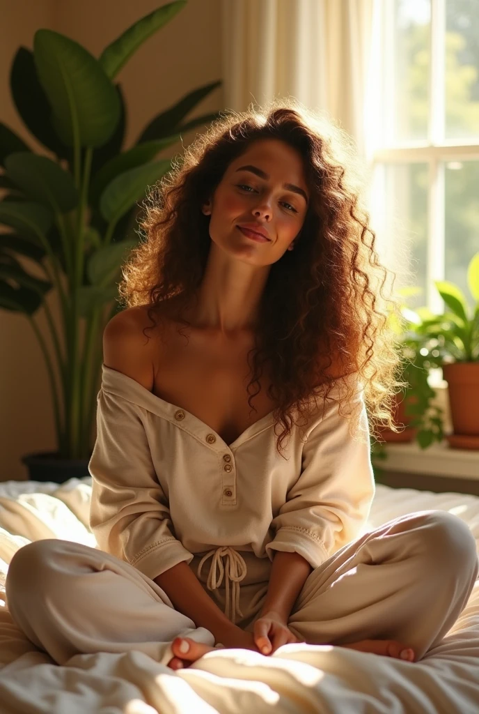 (photorealism:1.2), beautiful woman, sitting on bed, wearing loose off-shoulder top, pajama pants, long curly hair, indoors, soft lighting, plants in background, window with sunlight, cozy room, relaxed pose, realistic, intricate details, warm colors, by Greg Rutkowski, by Alphonse Mucha