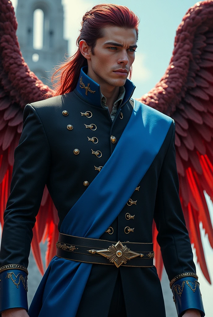 He wore a stiff, fine black jacket with blue trim and a matching sash over his shoulder, striking against the silver buttons and subtle metallic brocade, he was clean- shaven. His hair was neat and tied up to reveal the top of his Heir Mark over the back of his neck, peeking over the neck of his jacket. His wings were out, revealing the streaks of bright red at their edges and tips The sight of the crown on Raihn’s headThe silver spires sat nestled in Raihn’s red-black waves
