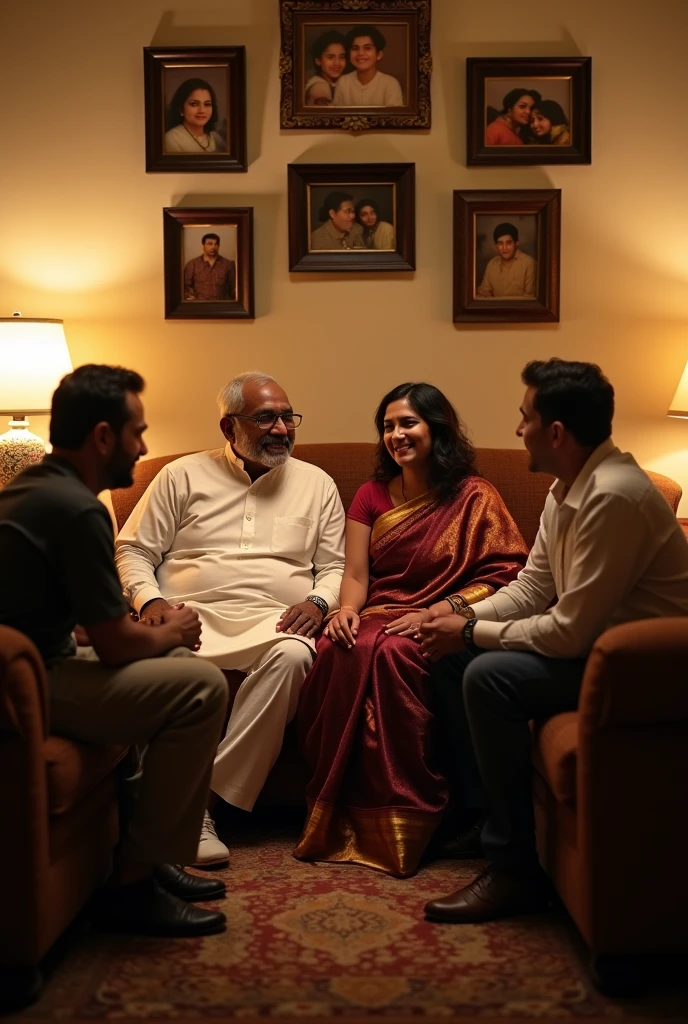 A father with white dress mothe with saree one having 30 year old and one son having 27 year old they all are sitting in a soffa and there two men sitting both of the saids