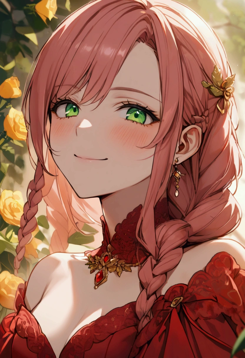 20 years old girl, pink orange hair, plait long, green eyes, slightly scary smile, wearing red wedding dress, orange-yellow flower clip
