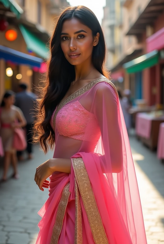 Hot girl Indian big boobs wearing pink thin transparent sari showing boobies 
