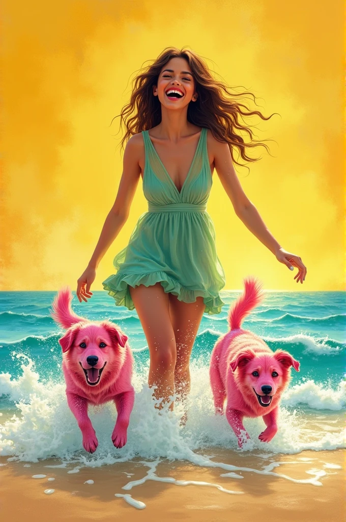 white lips,
a pair of black eyes,
brown dimples in the cheeks,
And her green smile says it all,
yellow sky,
A pair of blue hands walking in the water,
And the pink dogs are playing in the sand