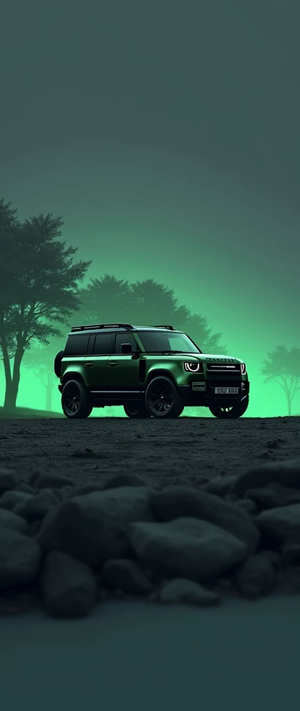 Ah ultra hd wide long straight photography of Brand new ((luxury)(full option)(land rover defender 110 model 2024)) 5 door defender in dark greenish colour with (Reflecting like a mirror shining body painting) and side mounted ladder. Diamond cut alloy wheels are turned and lowered body). Dark violet sky and dark grey soil and background filled with dark trees. 