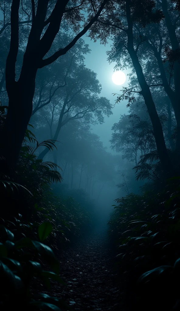A low-angle view of a jungle at night on a moonless night, where the ground is almost completely enveloped in darkness. The tall trees and dense underbrush are only faintly visible, their forms blending into the shadows. The scene is alive with the sounds of the night: the soft rustling of leaves, the distant calls of nocturnal creatures, and the constant hum of insects. The low-angle perspective immerses you in the darkness of the jungle, where the absence of the moon amplifies the eerie and mysterious atmosphere.