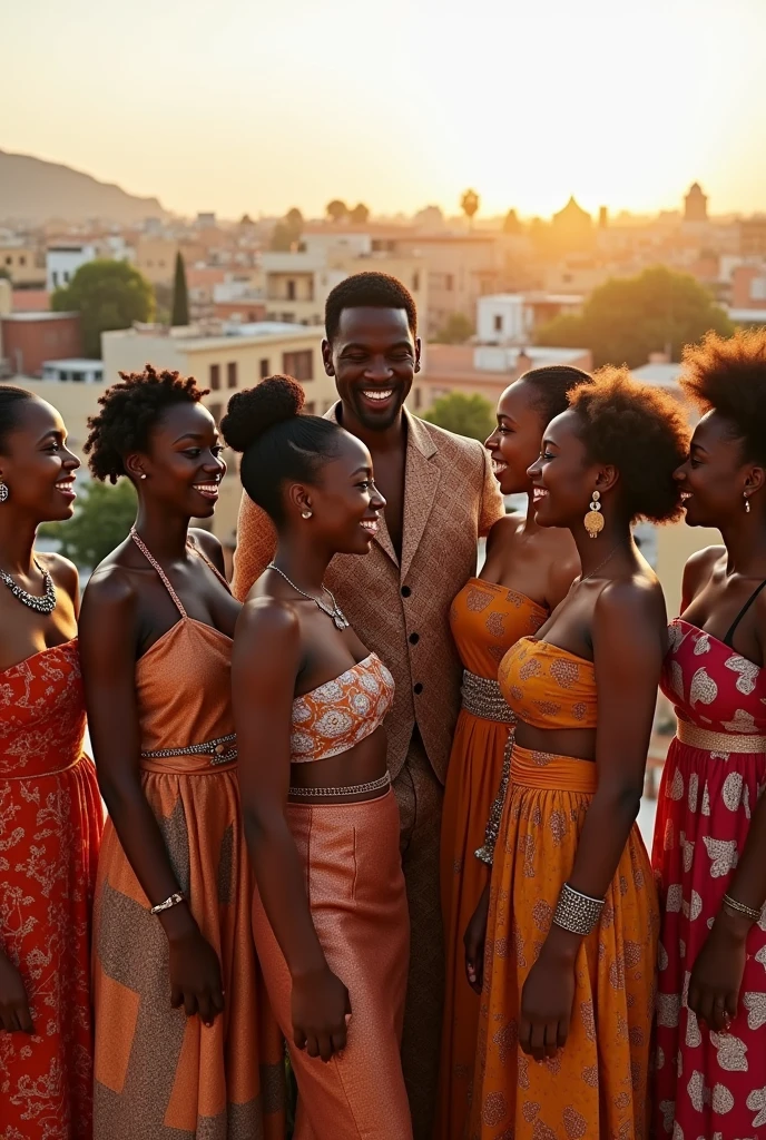 (photorealism:1.2), 6 Ethiopian beautiful womans ans handsome manes, see on the roofs