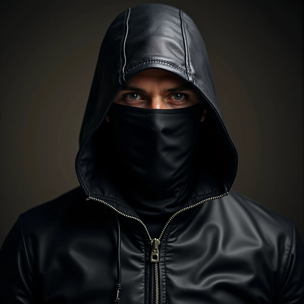 Portrait of a man wearing a dark leather assassin costume and a full face mask