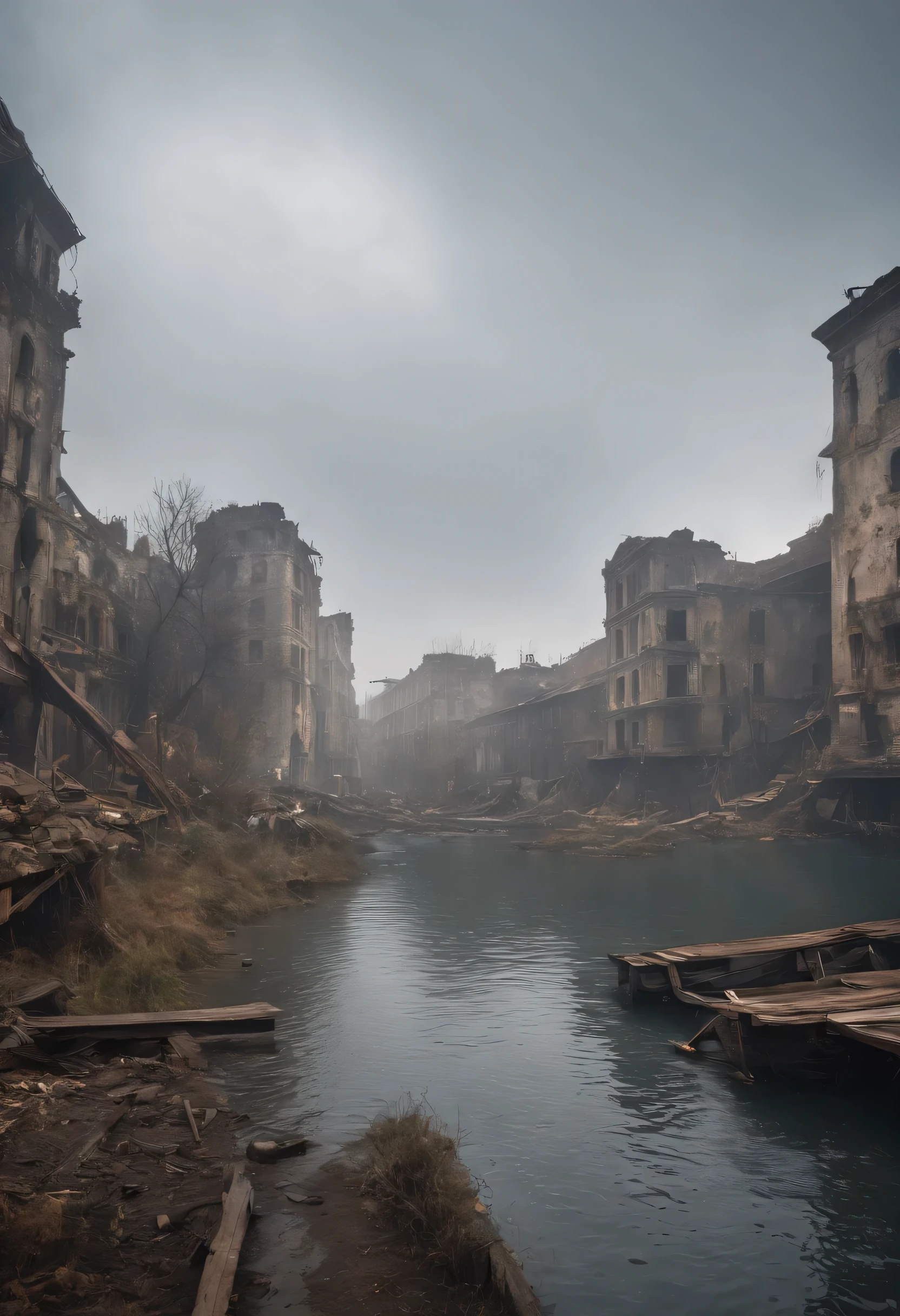 Realistic scenery, 매우 detailed, post apocalypse, Most are submerged in water., Artificial island, detailed, Exceptional Quality, high quality, Buildings are everywhere, Buildings are destroyed., finished., More darkness, dark 상황, After the apocalypse, Fog, dark, Not many trees.