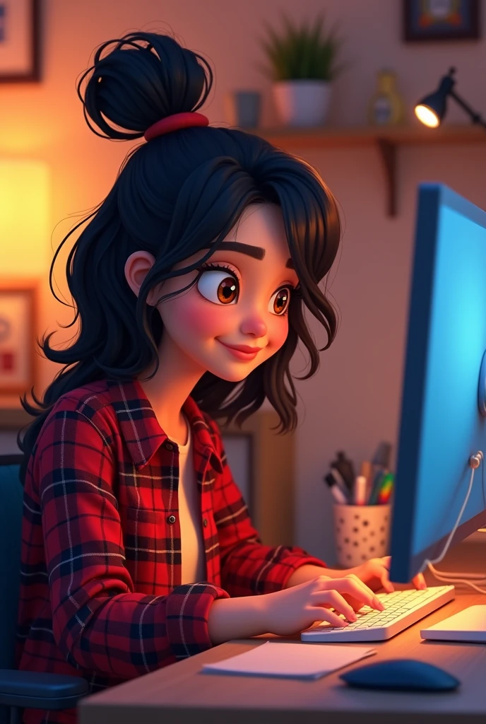 cartoon character of a YOUNG women with black hair wearing plaid shirt, without glasses, sitting in front of the computer working, animation character, stylized character, animation style rendering, 3d stylized, Arnold Maya render, 3 d render stylized, toon render keyshot, 3d character, 3d character, 3d rendering stylized, 3 d character render, cartoon character, Personagem de close up, character posing, (Pixar-style)