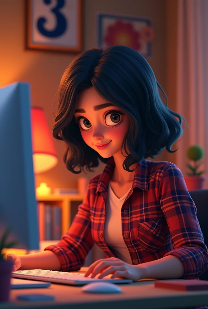 cartoon character of a YOUNG women with black hair wearing plaid shirt, without glasses, sitting in front of the computer working, animation character, stylized character, animation style rendering, 3d stylized, Arnold Maya render, 3 d render stylized, toon render keyshot, 3d character, 3d character, 3d rendering stylized, 3 d character render, cartoon character, Personagem de close up, character posing, (Pixar-style)