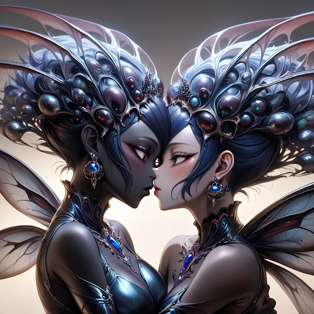 The woman is a fly demon of monstrous appearance with jet-black skin, the Queen of Flies and wife of Beelzebub, the Fly King. The couple are embracing and kissing.、((Highest quality)), ((masterpiece)), (detailed), （Perfect Face）、The fly demon queen, Reika Aoki, a subordinate of the fly demon king, Beelzebub, has midnight blue, semi-long hair. She has transformed into an aberrant demon, with fly antennae sprouting from her head, making her a fly demoness.  She wears a black demonic outfit like a fly, adorned with luxurious earrings and an engagement ring, and is decked out in lavish accessories. She is the fly demon queen, and her female body has completely transformed into a fly demon, mirroring the king's form.、The woman became Beelzebub's wife, becoming the fly queen and spending her life with the fly king.、The woman deeply loves her husband, Beelzebub, the great fly demon king.