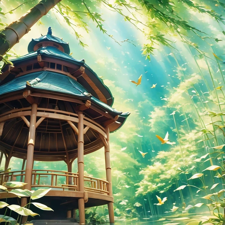 bamboo forest，unmanned，bird，，Wide-angle lens，Gazebo,uhd, masterpiece, high details, high quality, best quality, highres