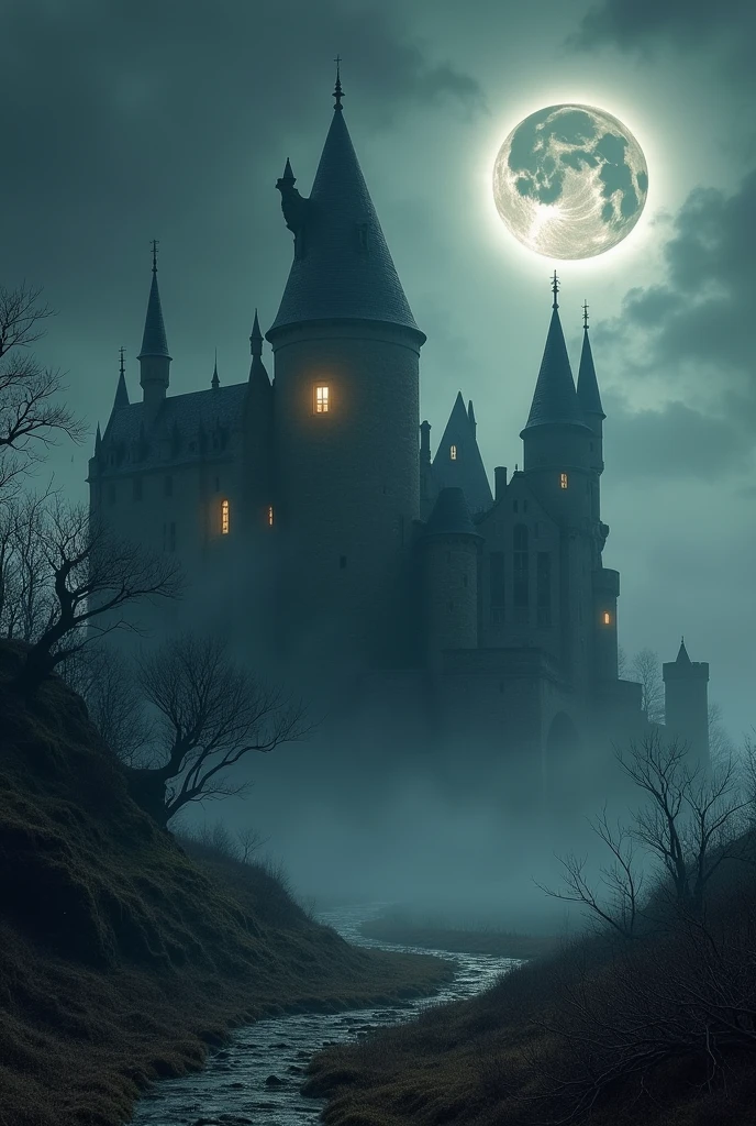 A shadowy castle built on a desolate landscape with a solar eclipse behind it
